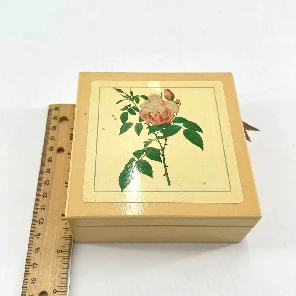 Vintage Botanical Rose Coaster Set of 6 Cottagecore Wooden Storage Box Cork Back